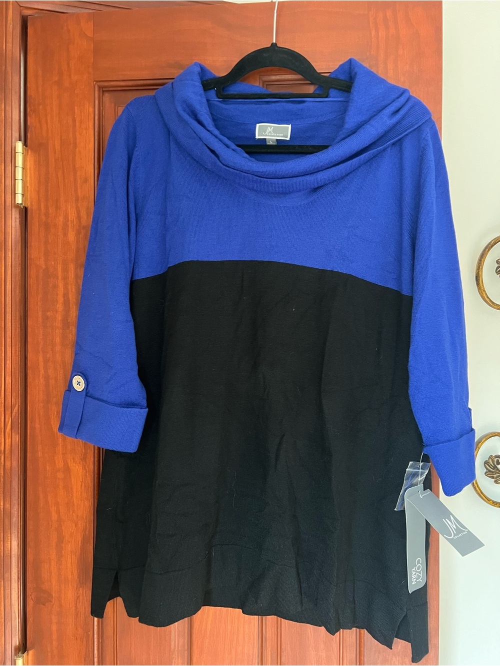 JM Collection Blue and Black Cowl Neck Sweater